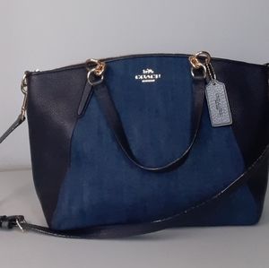 Coach blue leather and denim shoulder bag